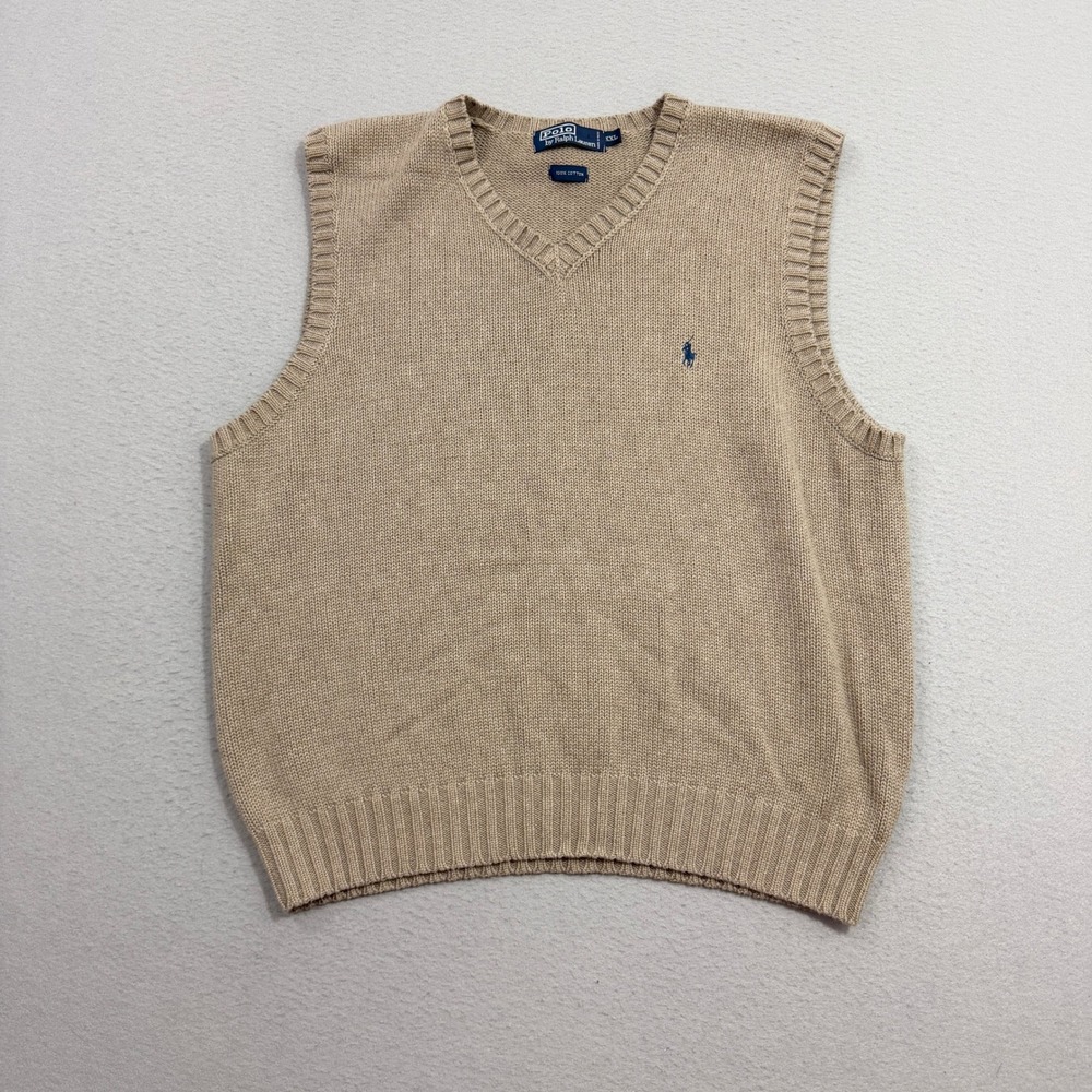 Vintage Polo Ralph Lauren Sweater Vest Mens XXL Beige V-Neck Cotton Knit Pony